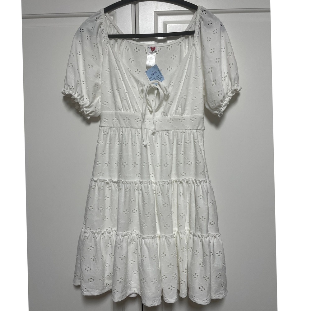 Heart & Heels Eyelet Puff‎ Sleeve Tiered Mini Dress White M